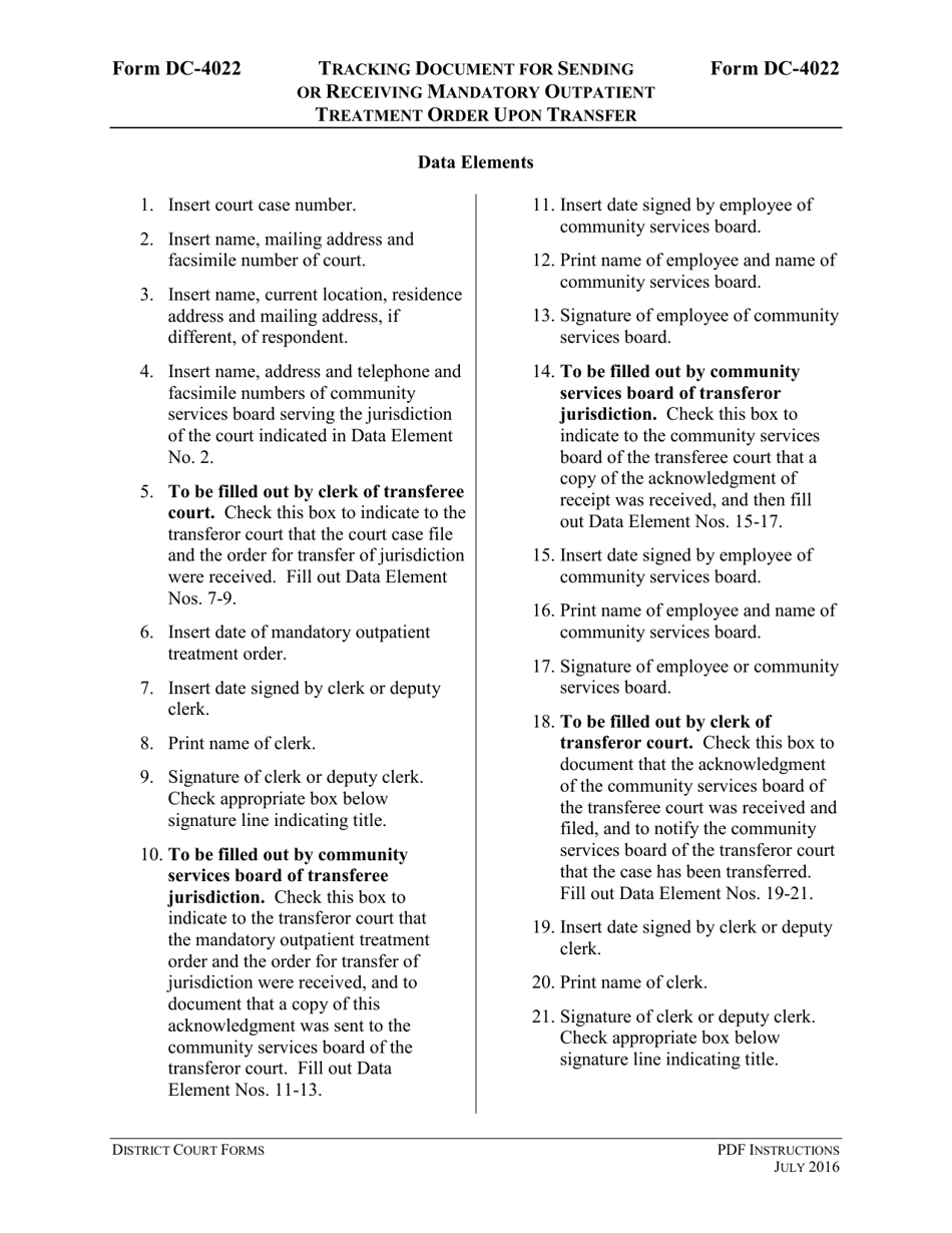 Instructions for Form DC-4022 Tracking Document for Sending or Receiving Mandatory Outpatient Treatment Order Upon Transfer - Virginia, Page 3