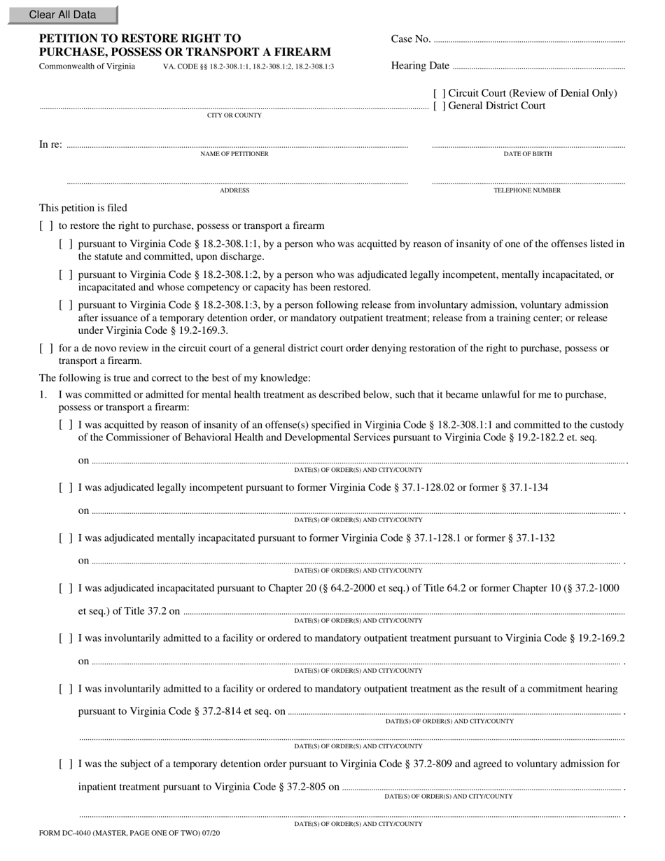 Form DC-4040 Petition to Restore Right to Purchase, Possess or Transport a Firearm - Virginia, Page 1