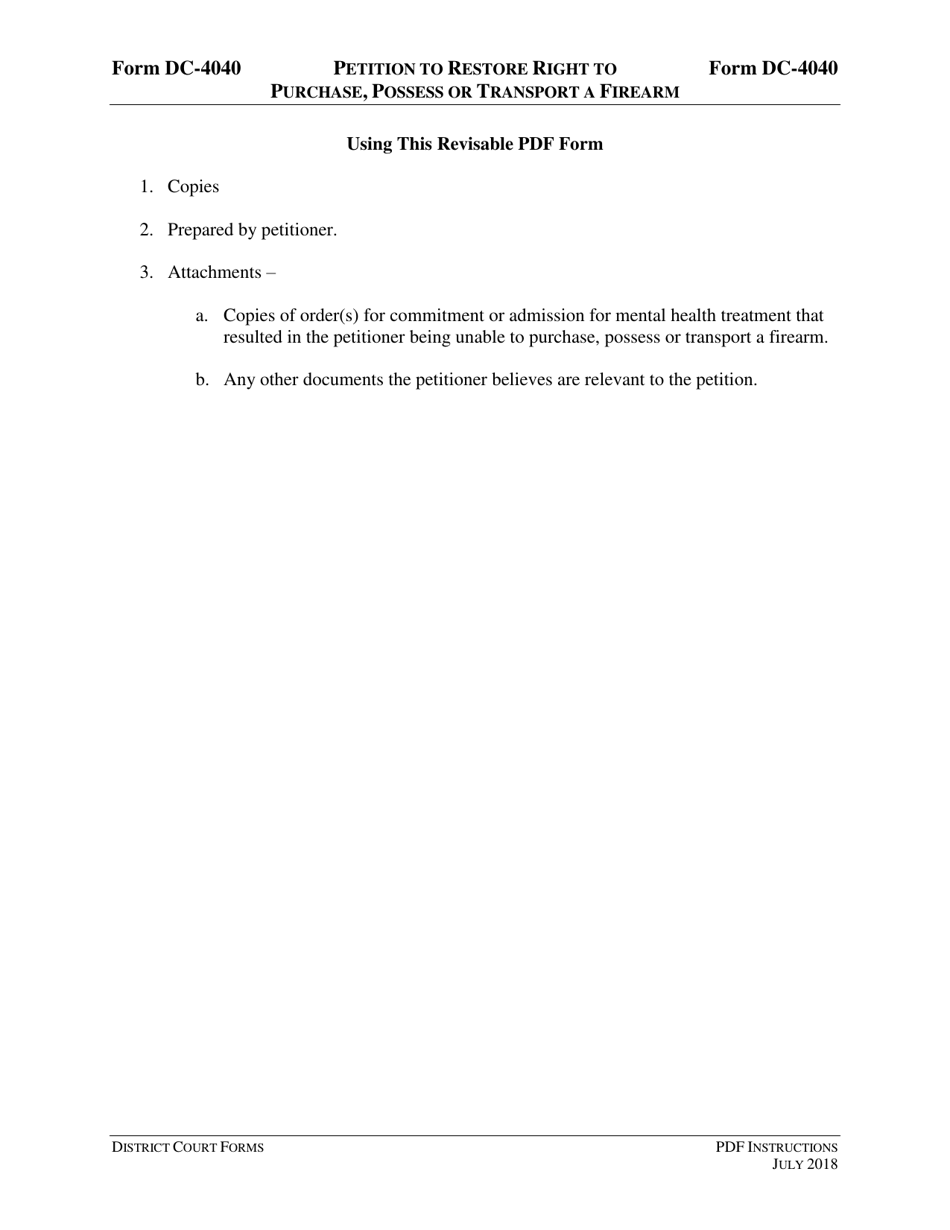 Instructions for Form DC-4040 Petition to Restore Right to Purchase, Possess or Transport a Firearm - Virginia, Page 1