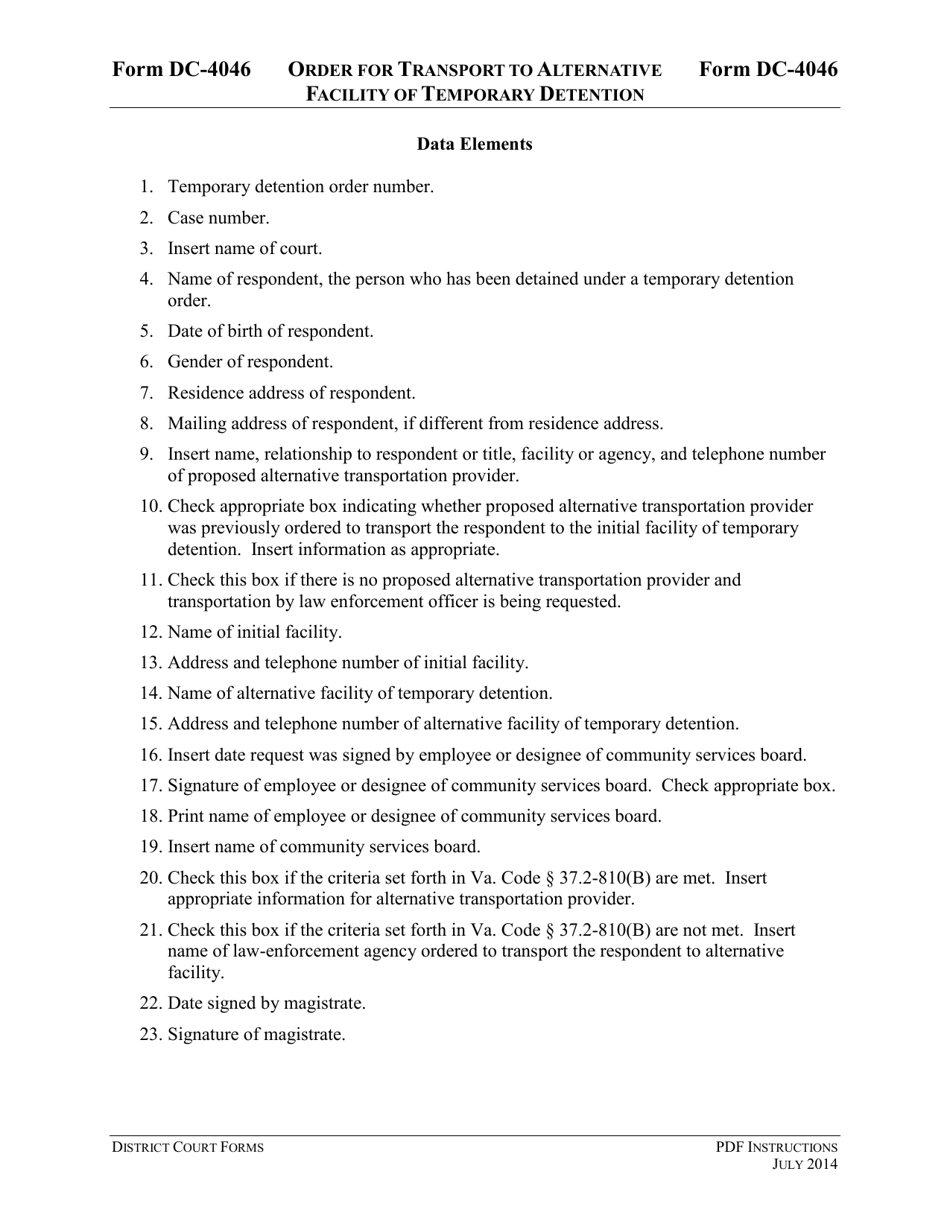Instructions for Form DC-4046 Order for Transportation to Alternative Facility of Temporary Detention - Virginia, Page 3