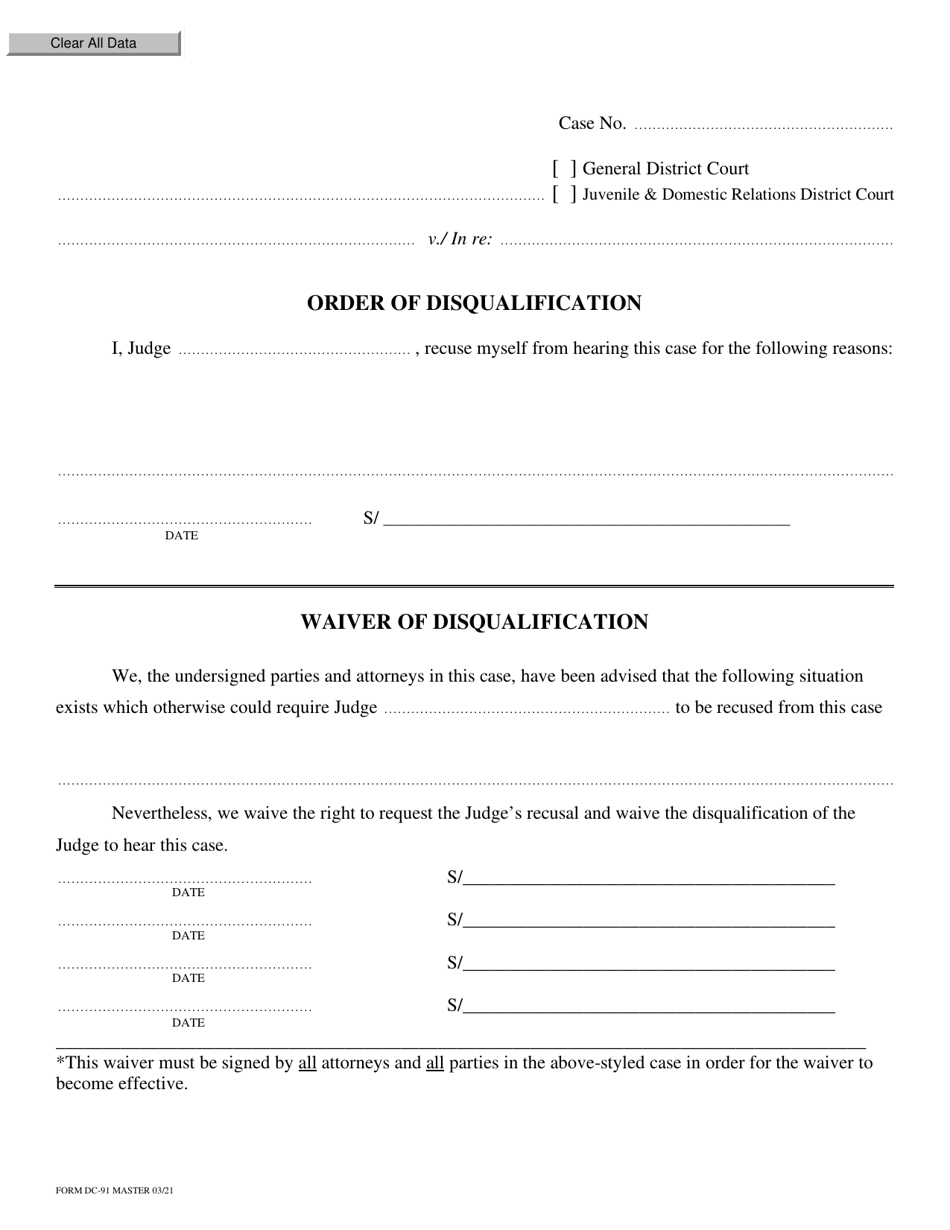 Form DC-91 Order of Disqualification - Virginia, Page 1