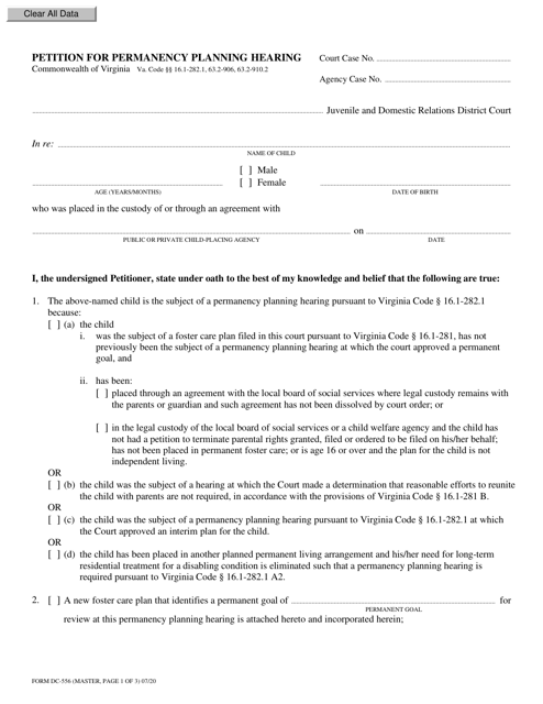 Form DC-556 Petition for Permanency Planning Hearing - Virginia