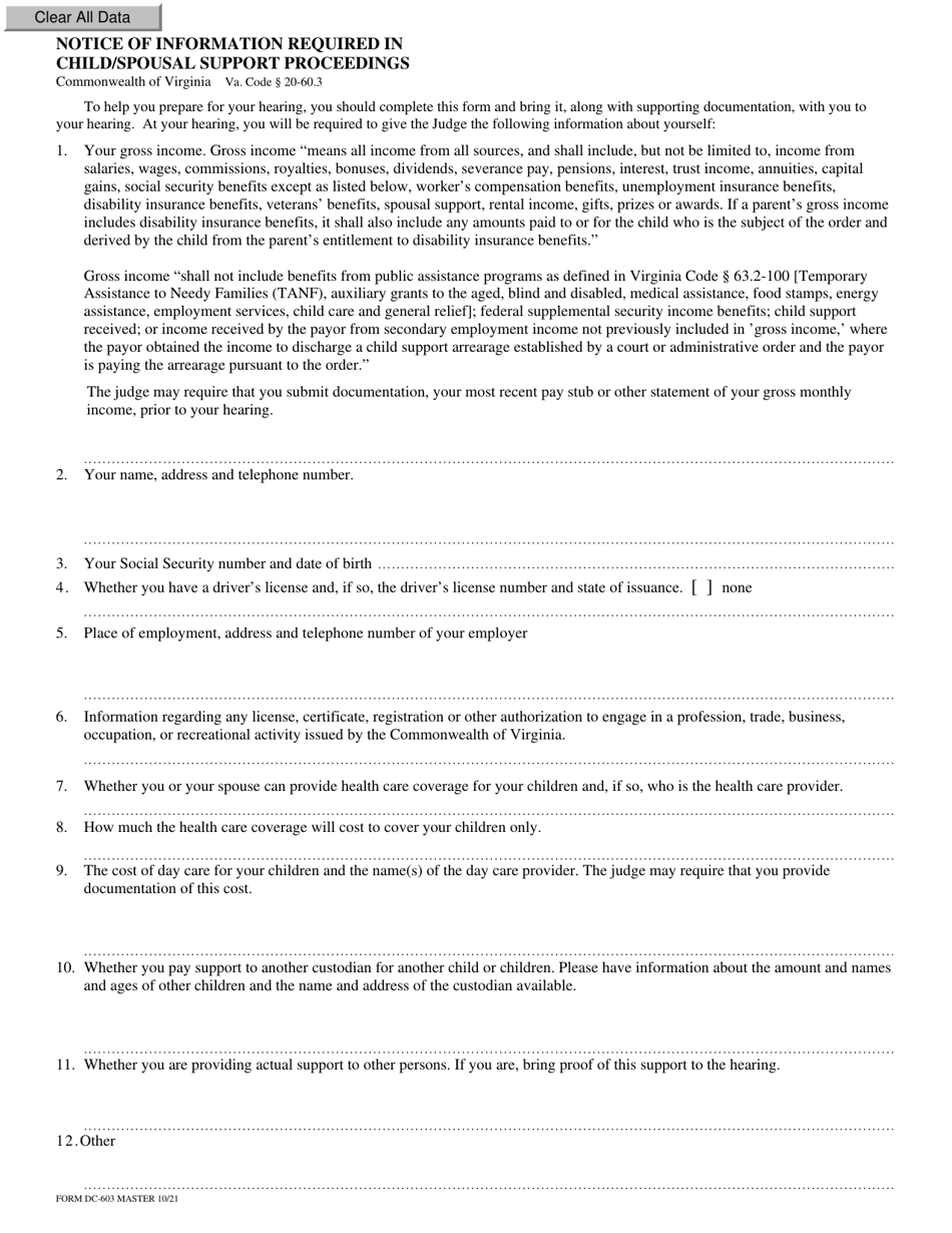 Form DC-603 Notice of Information Required in Child / Spousal Support Proceedings - Virginia, Page 1