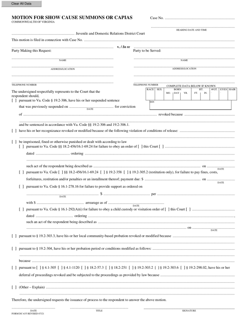 Form DC-635 Motion for Show Cause Summons or Capias - Virginia