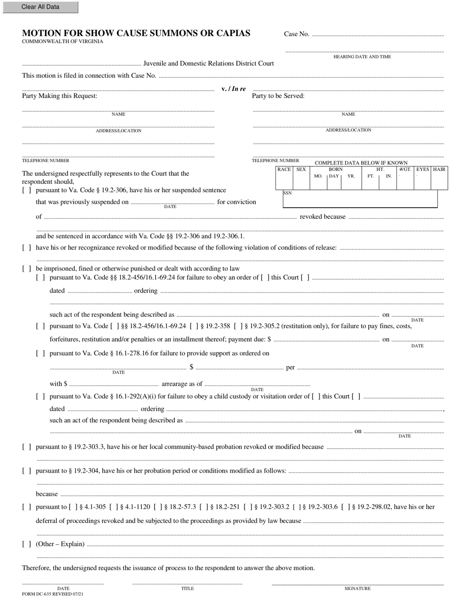Form DC-635 Motion for Show Cause Summons or Capias - Virginia, Page 1