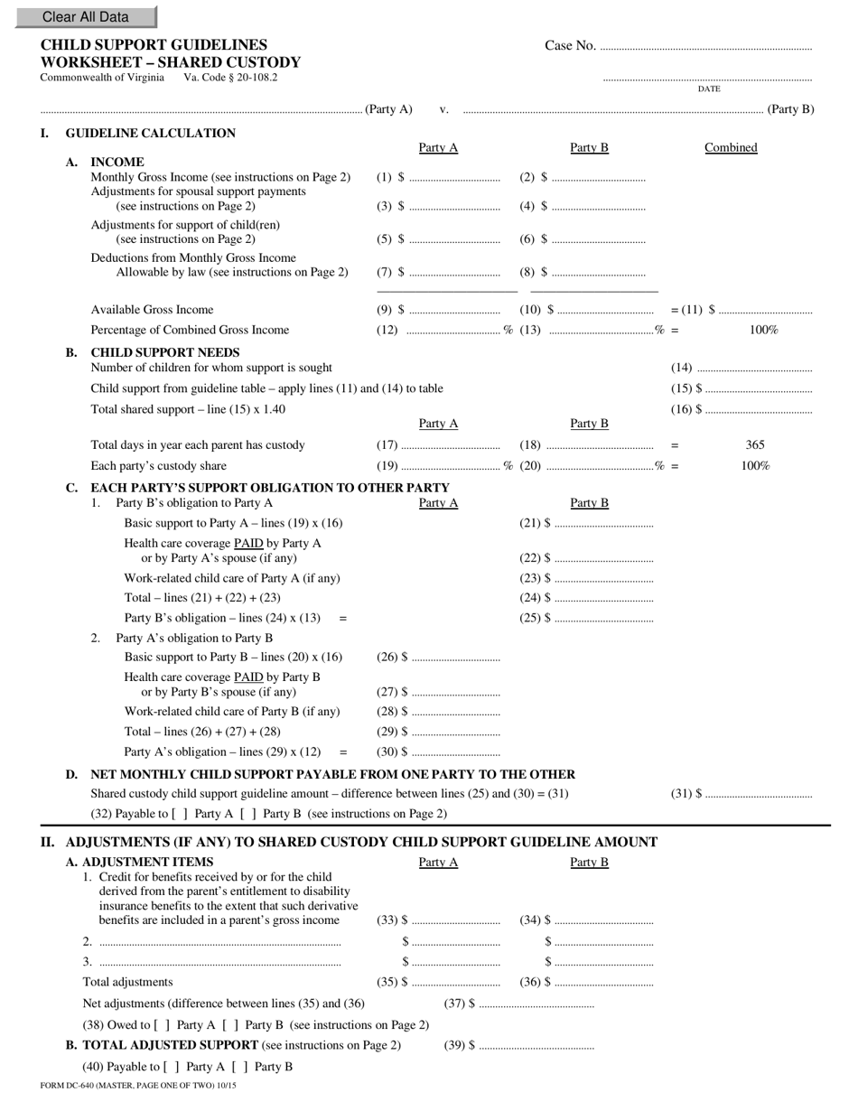 Form DC-640 Child Support Guidelines Worksheet - Shared Custody - Virginia, Page 1
