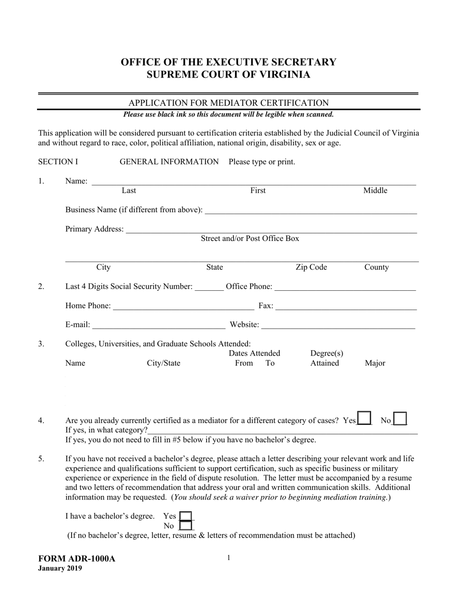 Form ADR-1000A Application for Mediator Certification - Virginia, Page 1
