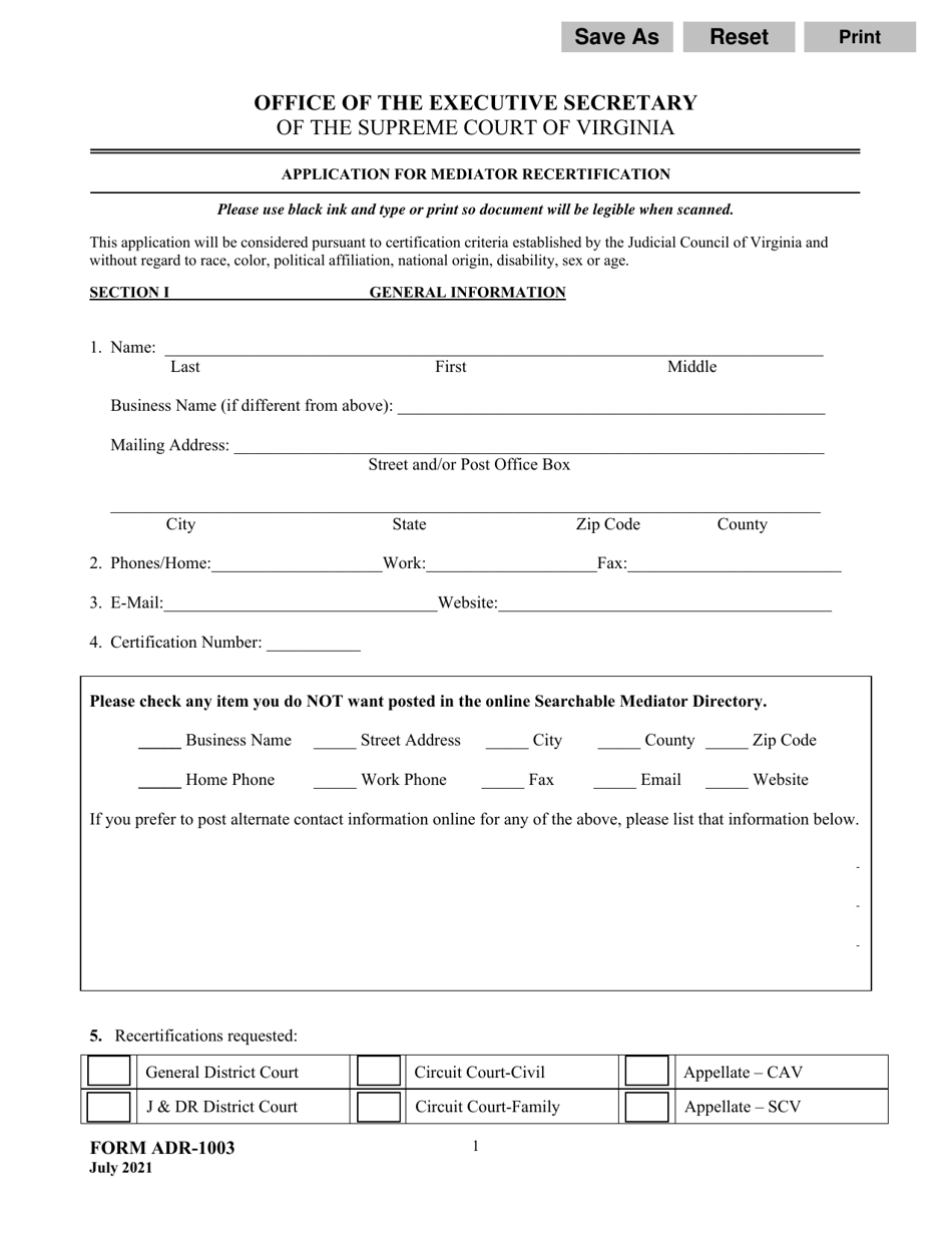 Form ADR-1003 Application for Mediator Recertification - Virginia, Page 1