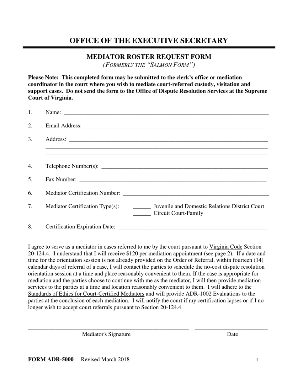 Form ADR-5000 Mediator Roster Request Form - Virginia, Page 1