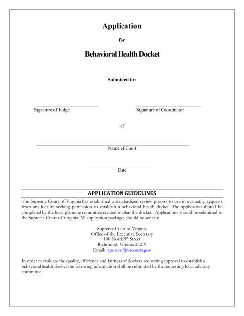 Application for Behavioral Health Docket - Virginia
