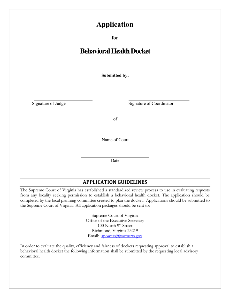 Application for Behavioral Health Docket - Virginia, Page 1