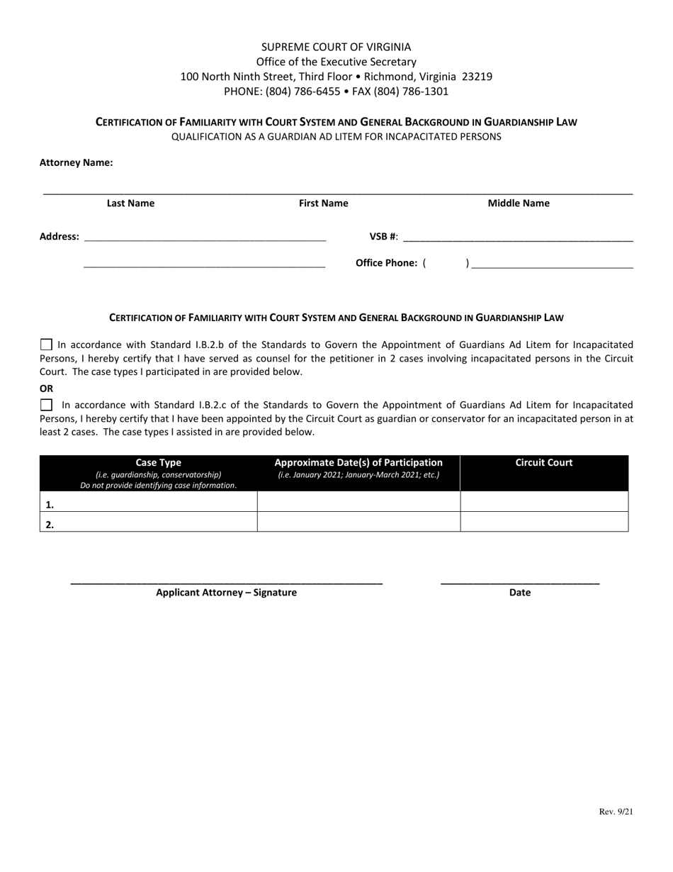 Certification of Familiarity With Court System and General Background in Guardianship Law - Virginia, Page 1