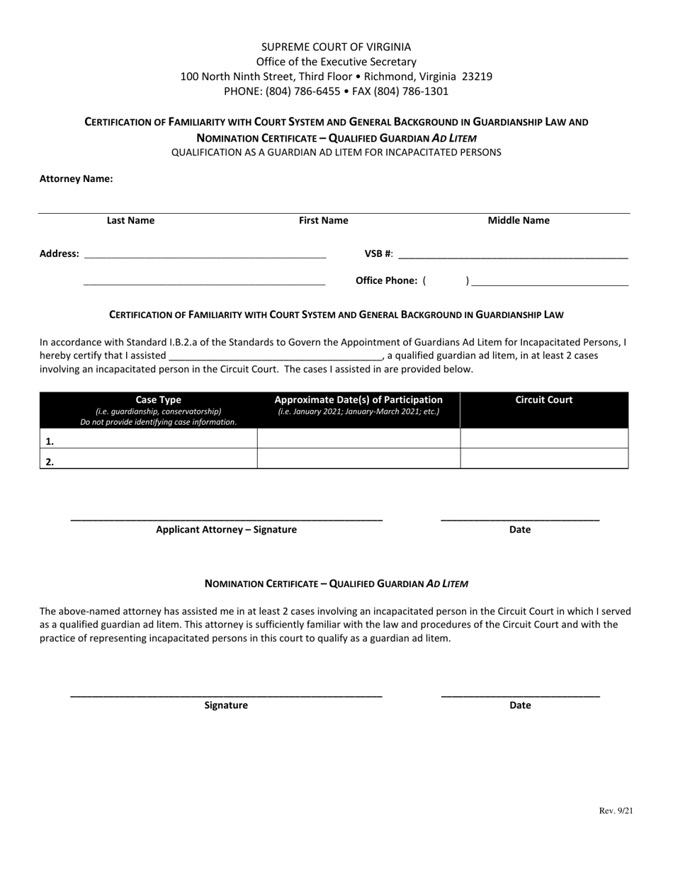 Certification of Familiarity With Court System and General Background in Guardianship Law and Nomination Certificate - Qualified Guardian Ad Litem - Virginia, Page 1