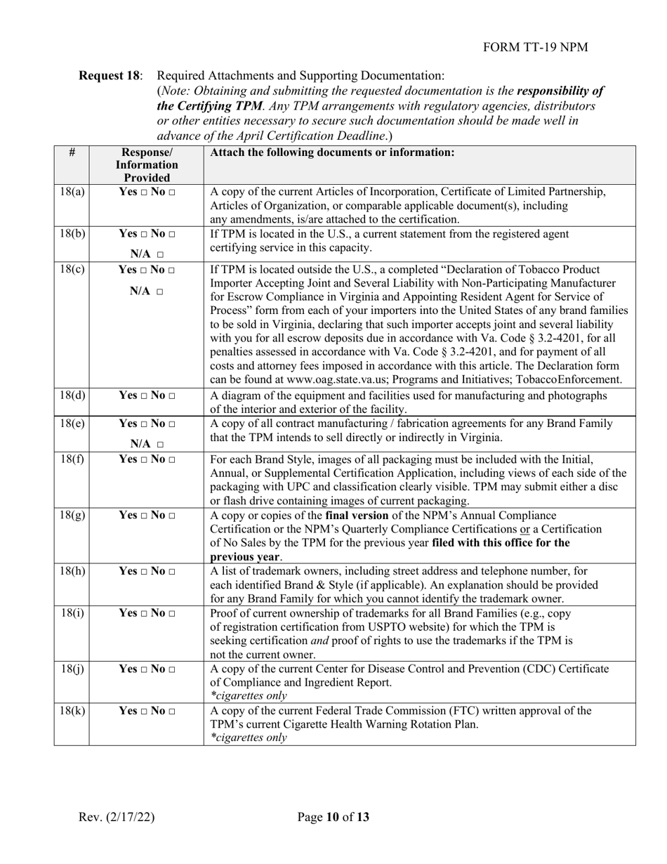 Form TT-19-NPM Certification Application for Non-participating Tobacco Product Manufacturers (Npm) - Virginia, Page 10