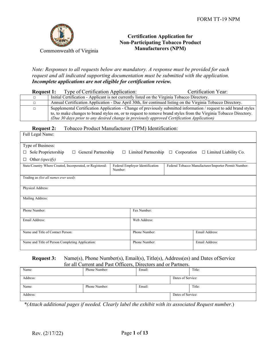 Form TT-19-NPM Certification Application for Non-participating Tobacco Product Manufacturers (Npm) - Virginia, Page 1