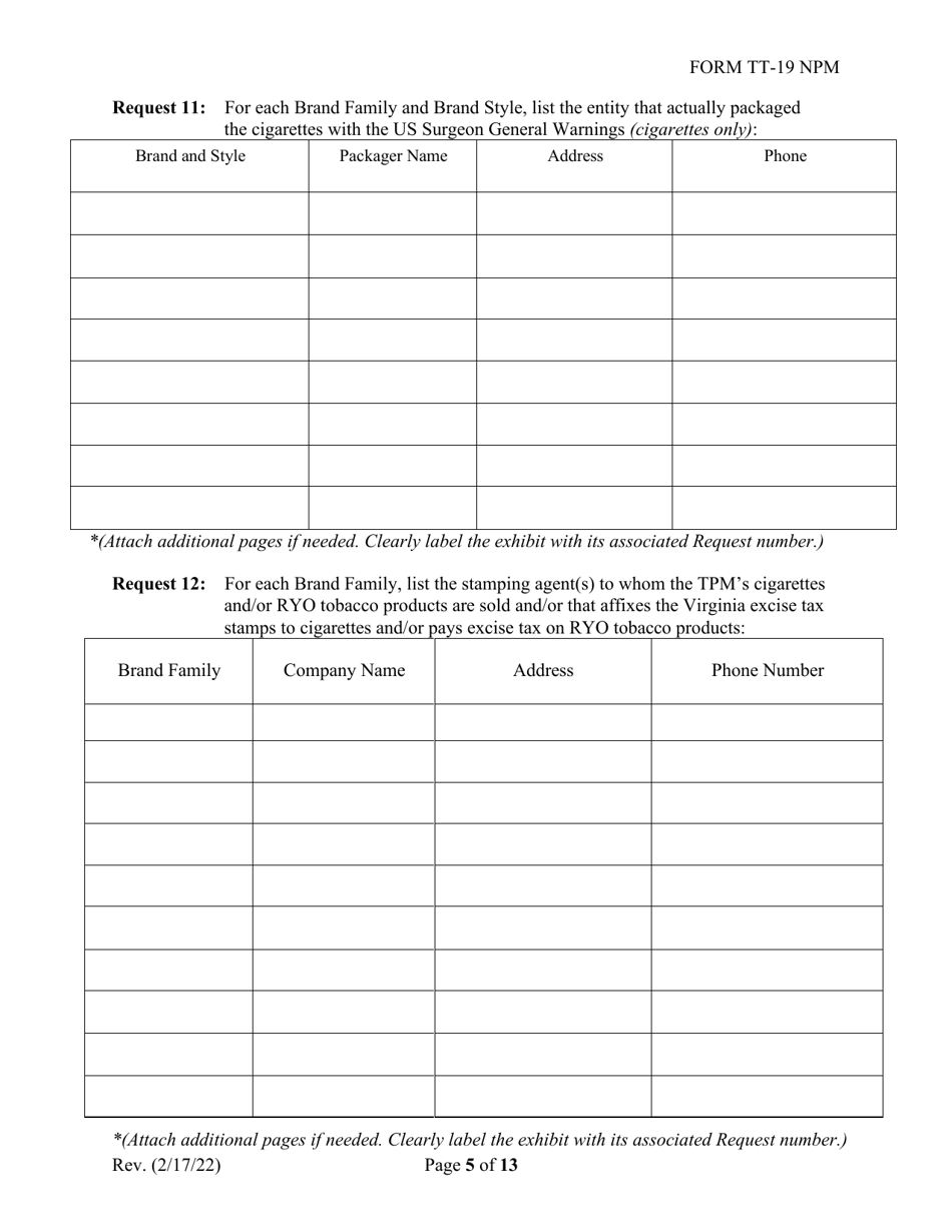 Form TT-19-NPM Certification Application for Non-participating Tobacco Product Manufacturers (Npm) - Virginia, Page 5