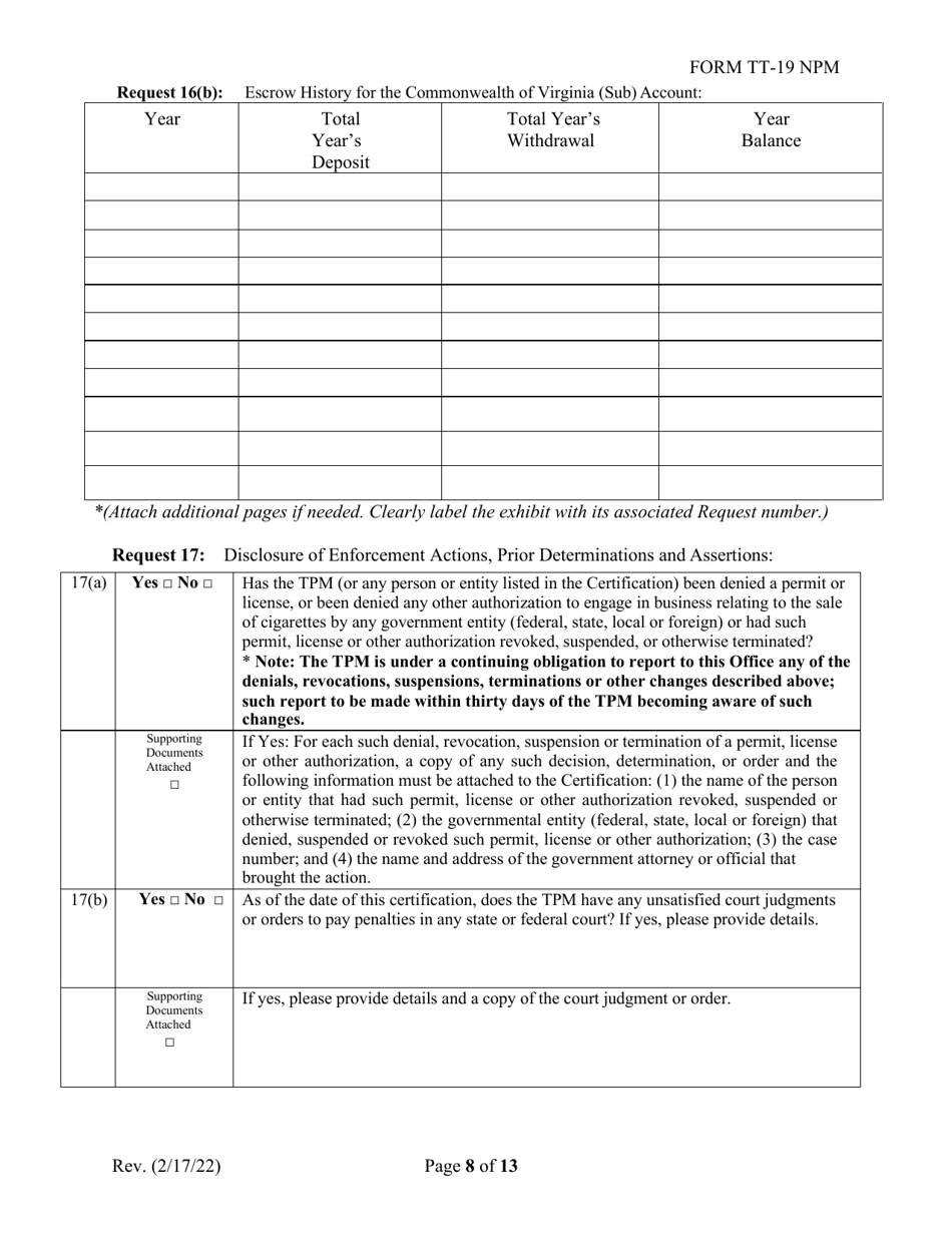 Form TT-19-NPM Certification Application for Non-participating Tobacco Product Manufacturers (Npm) - Virginia, Page 8