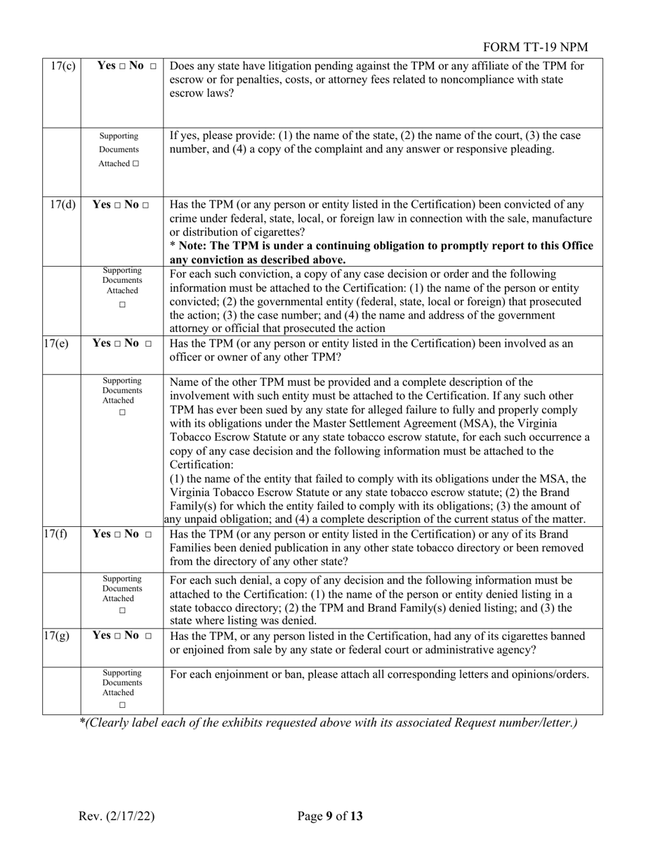 Form TT-19-NPM Certification Application for Non-participating Tobacco Product Manufacturers (Npm) - Virginia, Page 9