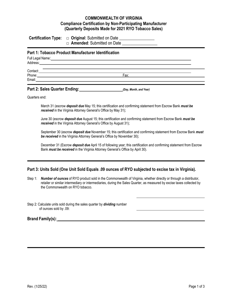 Compliance Certification by Non-participating Manufacturer (Quarterly Deposits Made for Ryo Tobacco Sales) - Virginia, Page 1