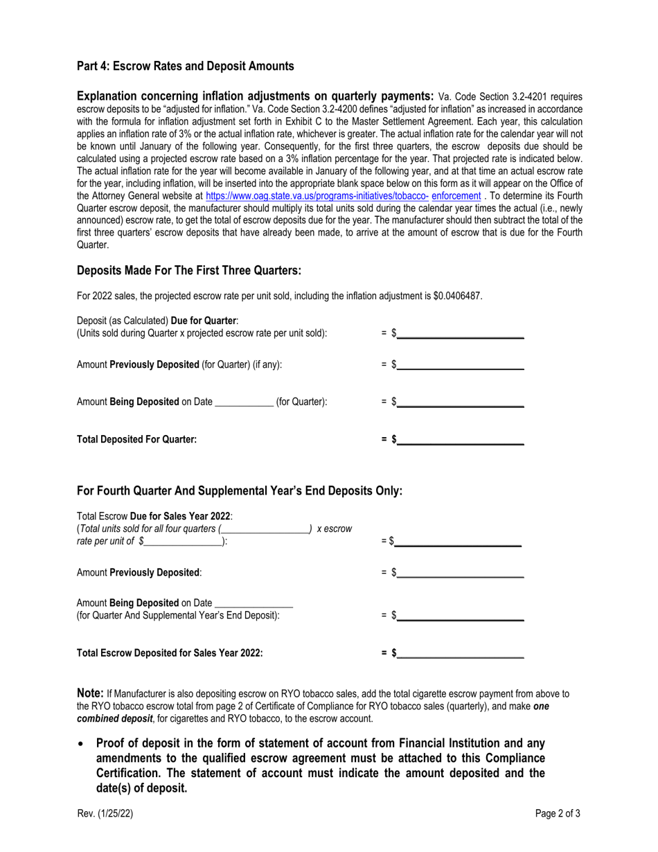 Compliance Certification by Non-participating Manufacturer (Quarterly Deposits Made for Cigarette Tobacco Sales) - Virginia, Page 2