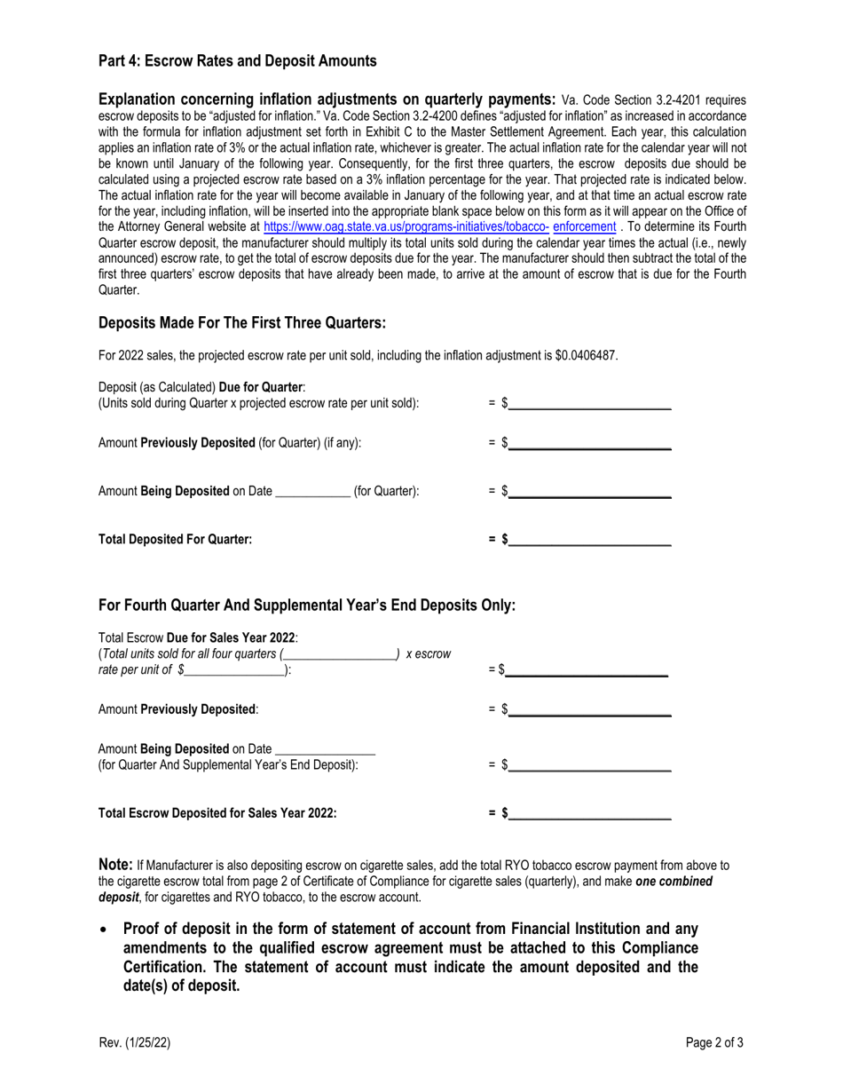 Compliance Certification by Non-participating Manufacturer (Quarterly Deposits Made for Ryo Tobacco Sales) - Virginia, Page 2