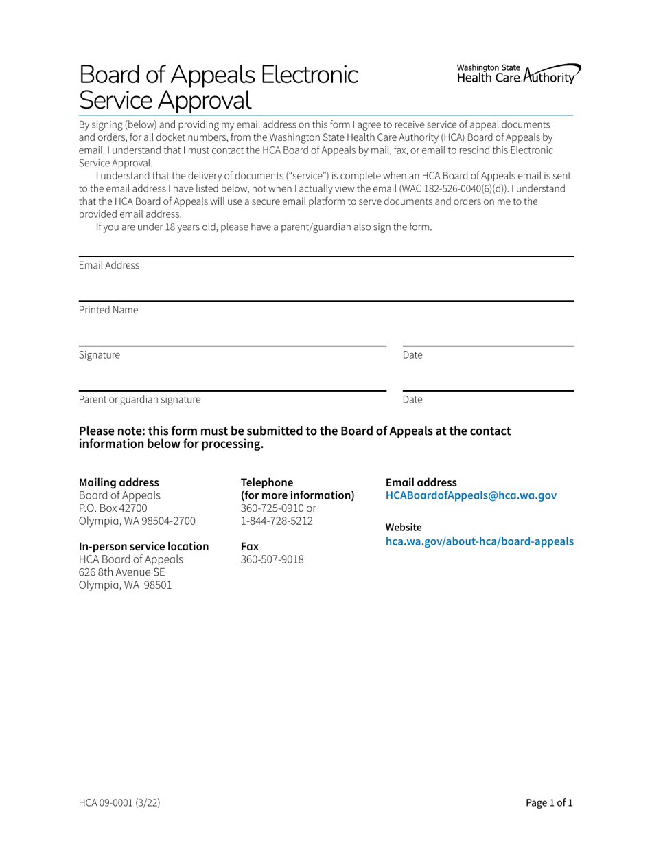 Form HCA09-0001 Board of Appeals Electronic Service Approval - Washington, Page 1