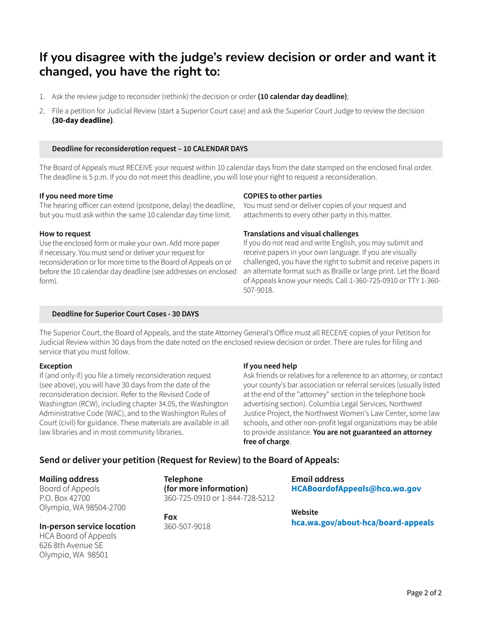 Form HCA09-022 Petition for Reconsideration of Final Order - Washington, Page 2
