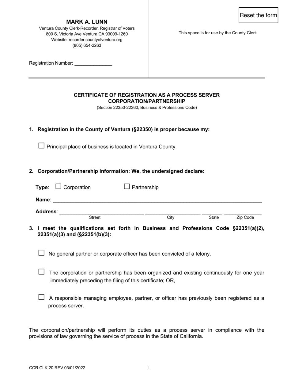 Form CCR CLK20 Certificate of Registration as a Process Server Corporation / Partnership - Ventura County, California, Page 1
