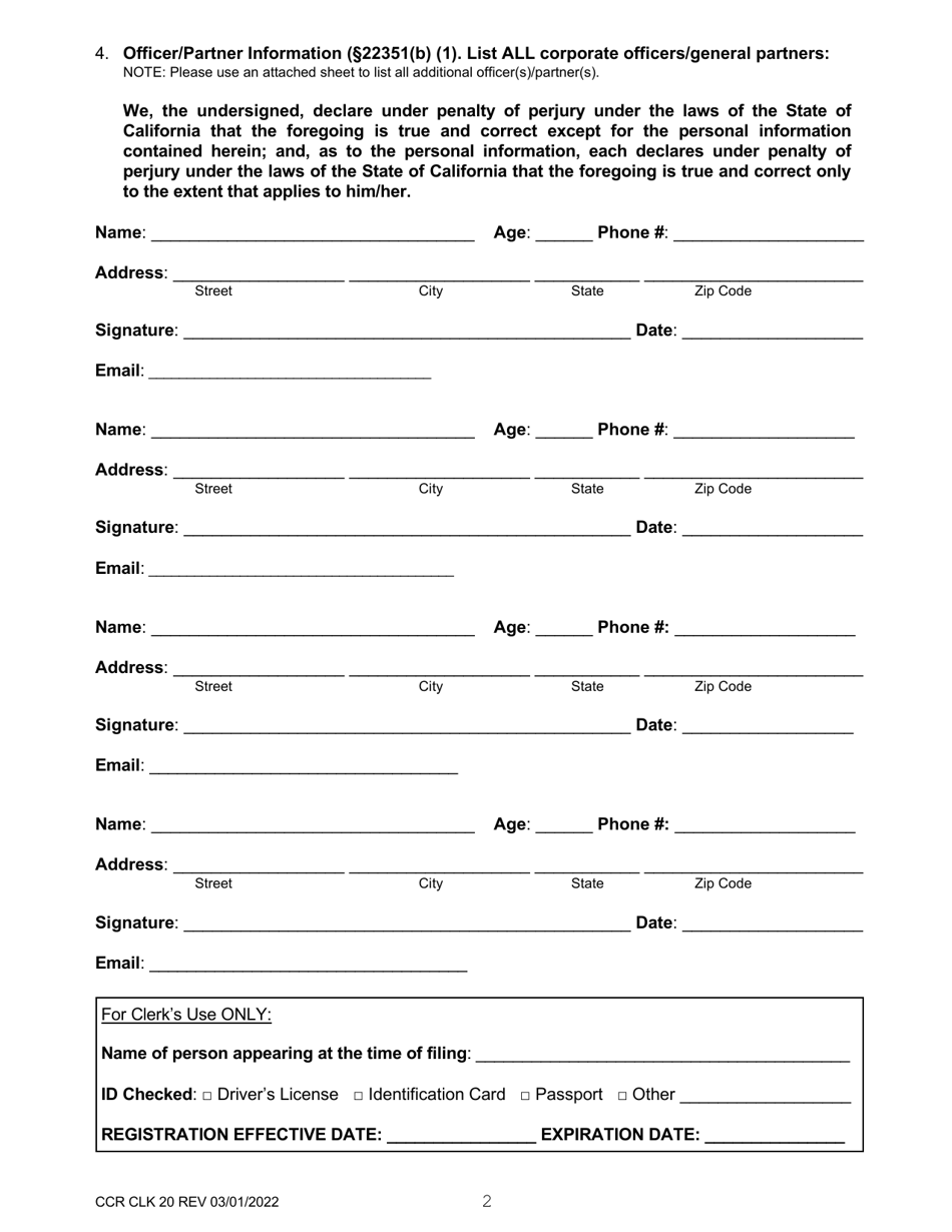 Form CCR CLK20 Certificate of Registration as a Process Server Corporation / Partnership - Ventura County, California, Page 2