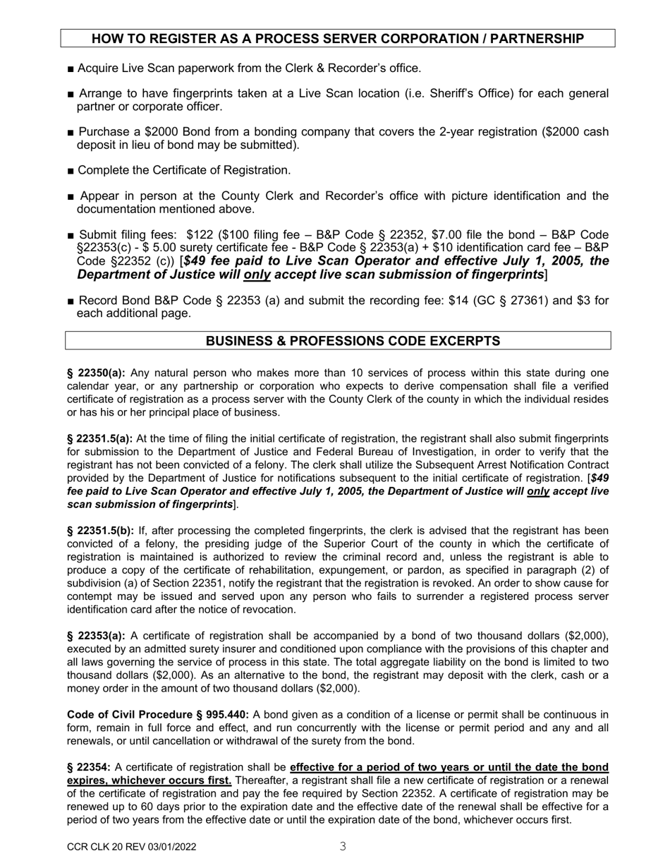 Form CCR CLK20 Certificate of Registration as a Process Server Corporation / Partnership - Ventura County, California, Page 3