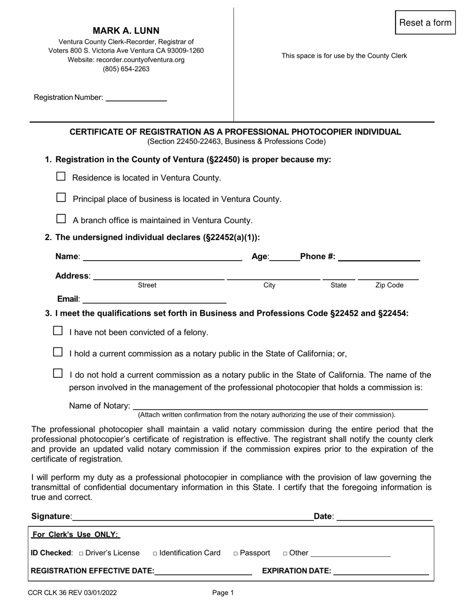 Form CCR CLK36 Certificate of Registration as a Professional Photocopier Individual - Ventura County, California, Page 1