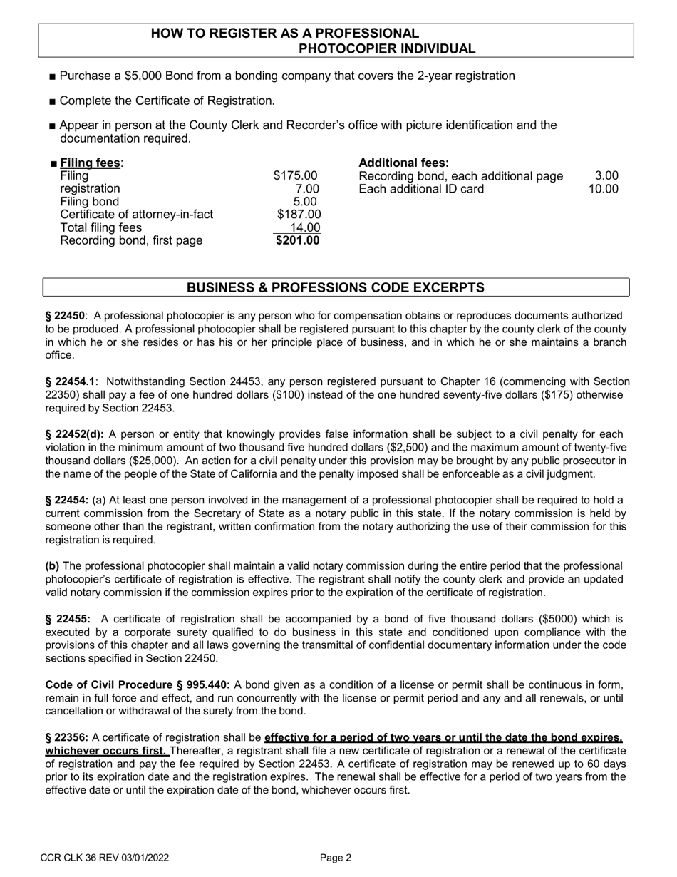 Form CCR CLK36 Certificate of Registration as a Professional Photocopier Individual - Ventura County, California, Page 2