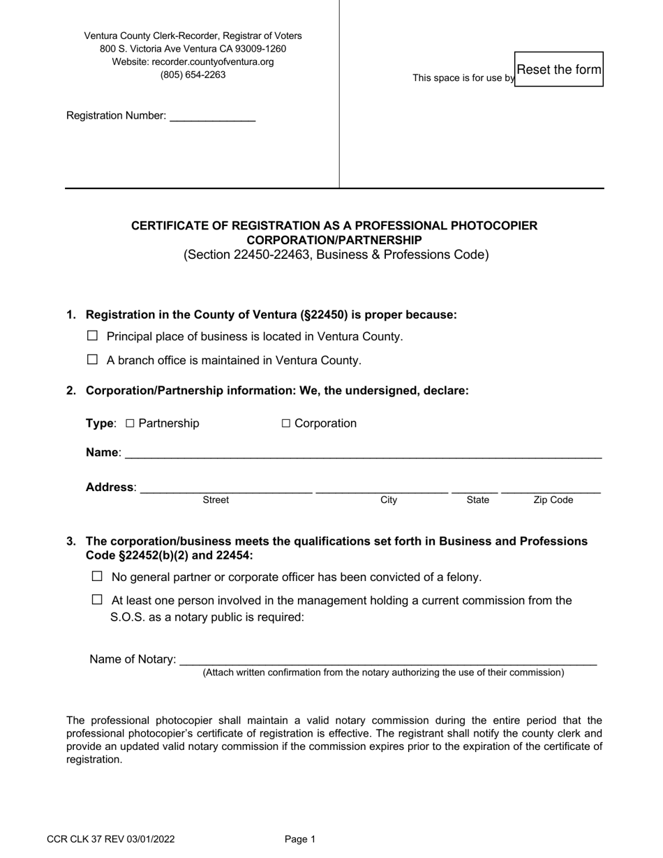 Form CCR CLK37 Certificate of Registration as a Professional Photocopier Corporation / Partnership - Ventura County, California, Page 1