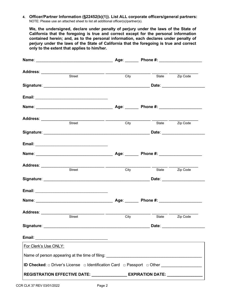 Form CCR CLK37 Certificate of Registration as a Professional Photocopier Corporation / Partnership - Ventura County, California, Page 2