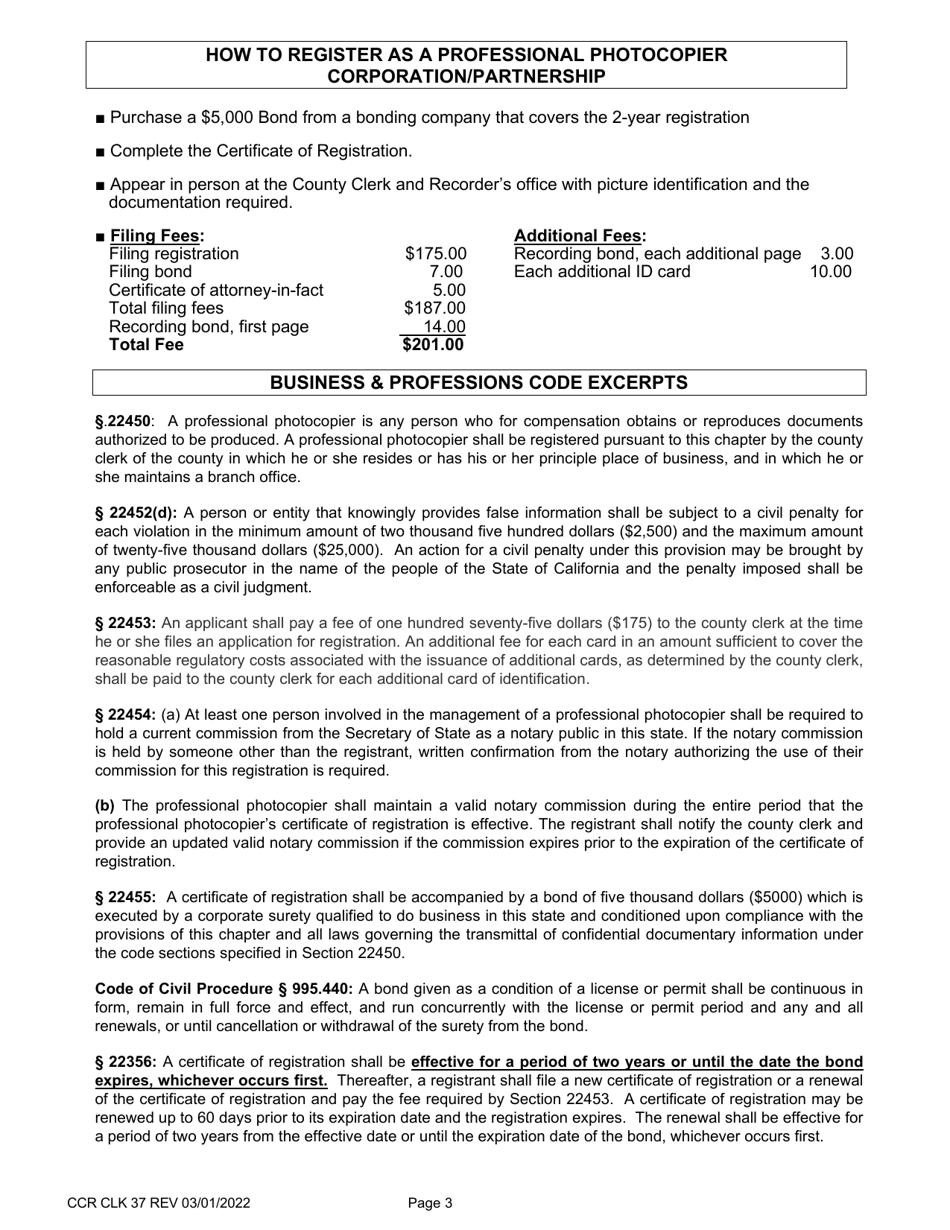 Form CCR CLK37 Certificate of Registration as a Professional Photocopier Corporation / Partnership - Ventura County, California, Page 3