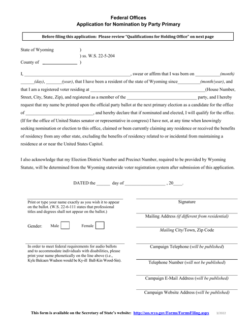 Application for Nomination by Party Primary - Federal Offices - Wyoming Download Pdf