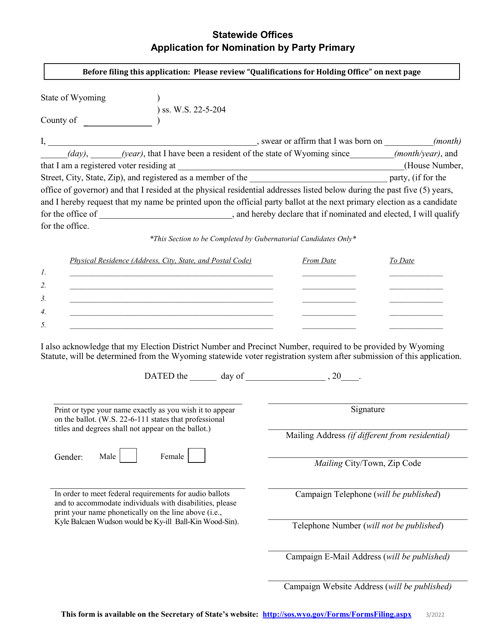 Application for Nomination by Party Primary - Statewide Offices - Wyoming Download Pdf