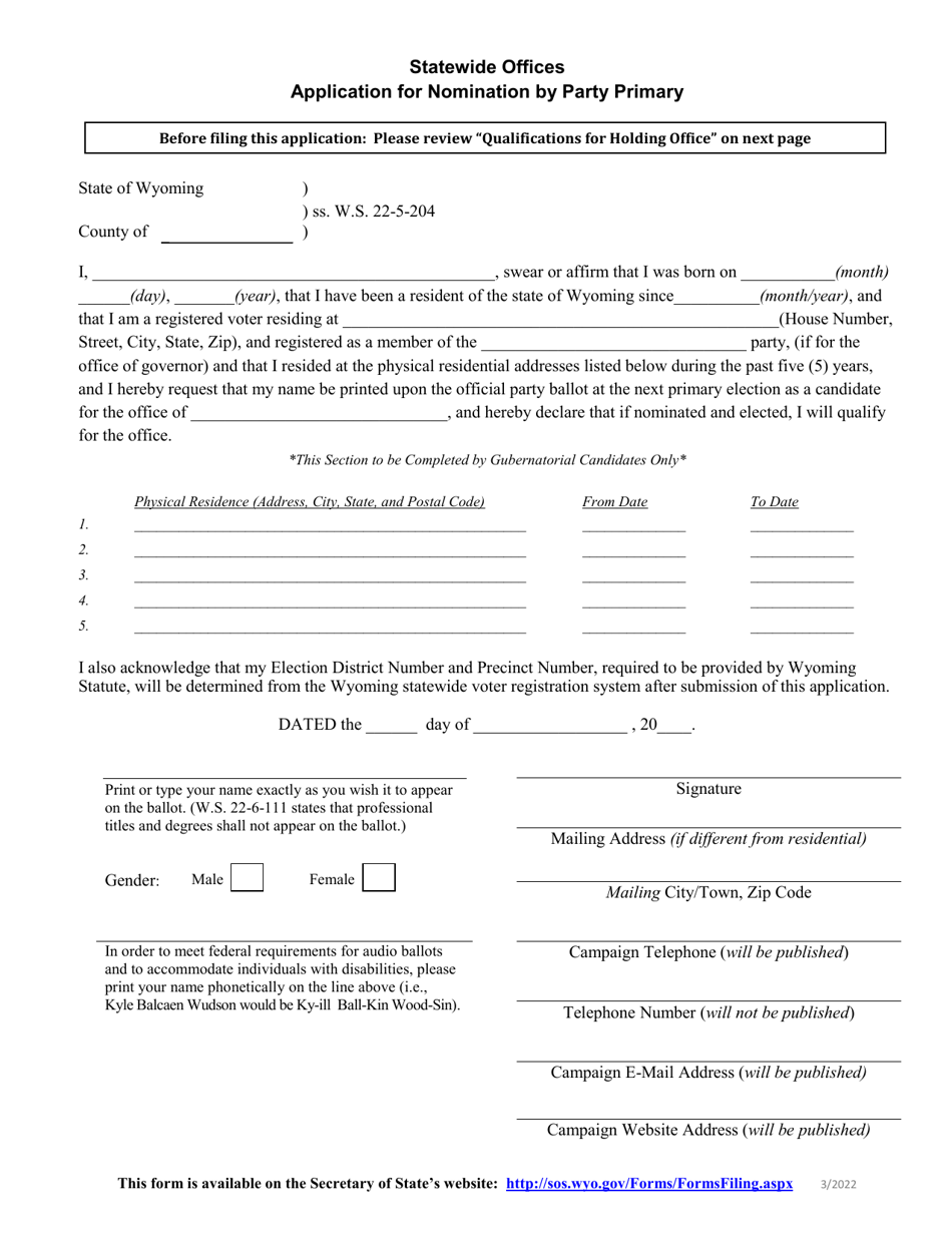 Application for Nomination by Party Primary - Statewide Offices - Wyoming, Page 1