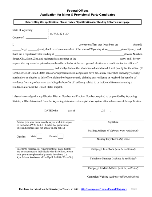 Application for Minor & Provisional Party Candidates - Federal Offices - Wyoming Download Pdf
