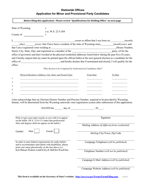 Application for Minor and Provisional Party Candidates - Statewide Offices - Wyoming Download Pdf