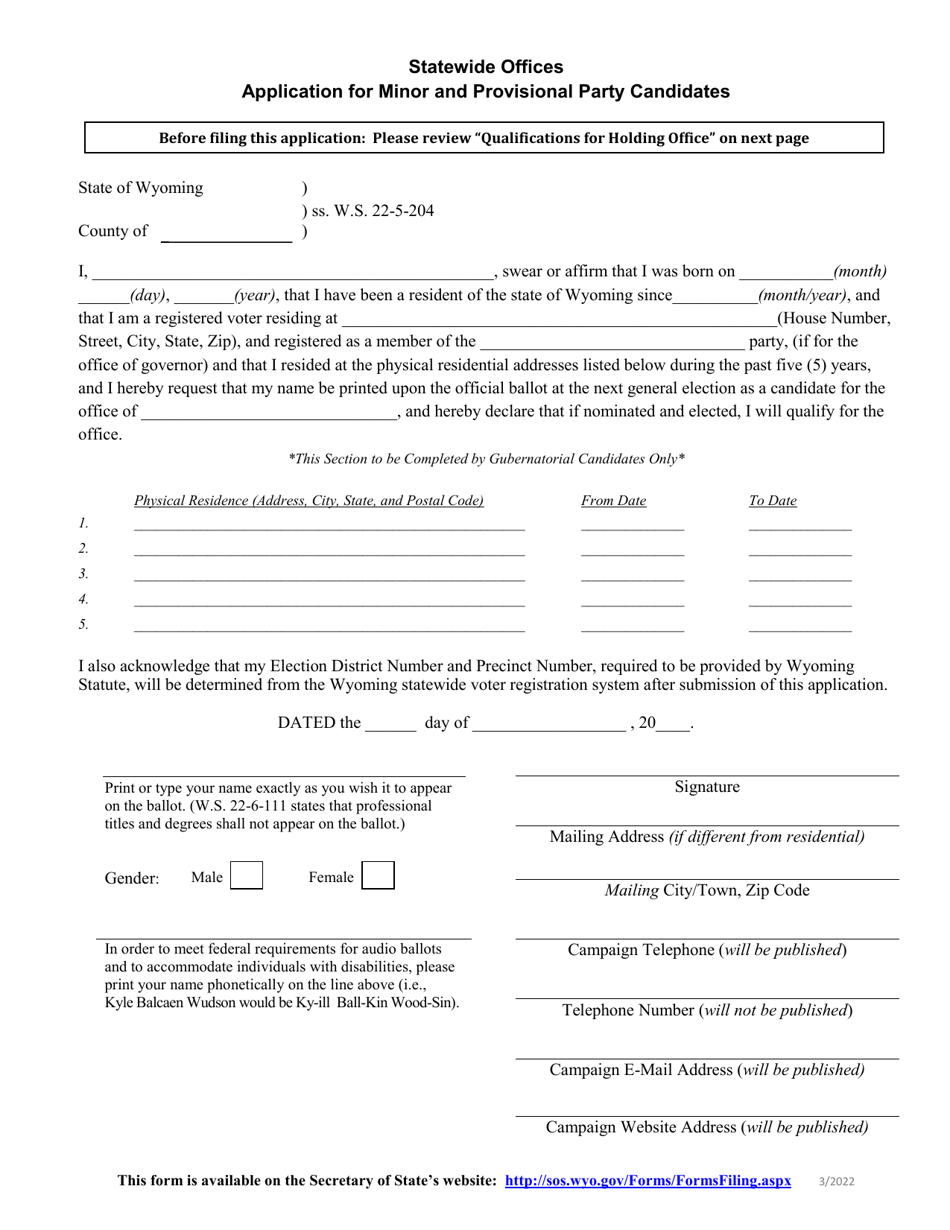 Wyoming Application for Minor and Provisional Party Candidates ...