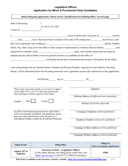 Application for Minor & Provisional Party Candidates - Legislative Offices - Wyoming Download Pdf