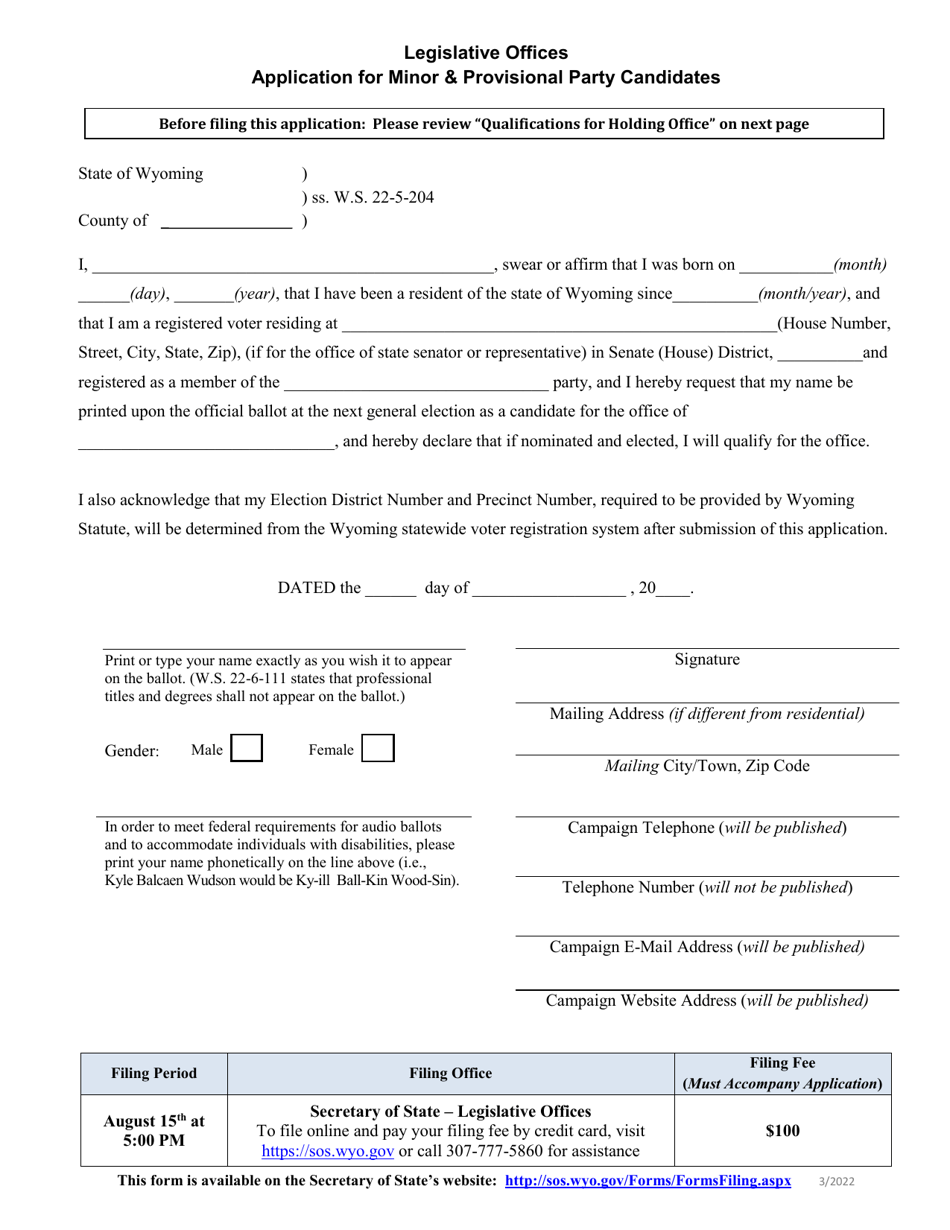 Application for Minor  Provisional Party Candidates - Legislative Offices - Wyoming, Page 1