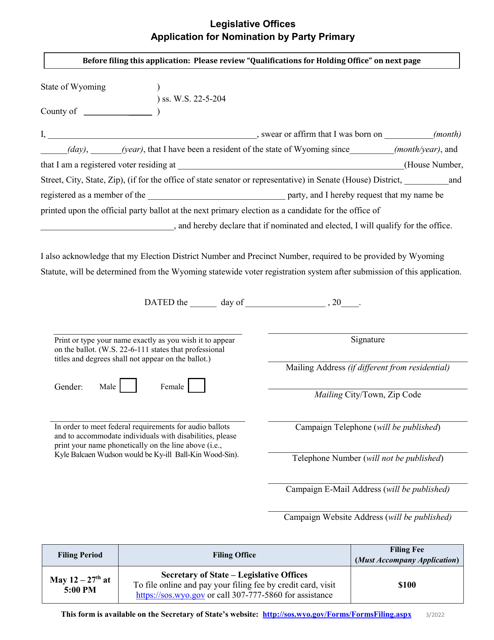 Application for Nomination by Party Primary - Legislative Offices - Wyoming Download Pdf