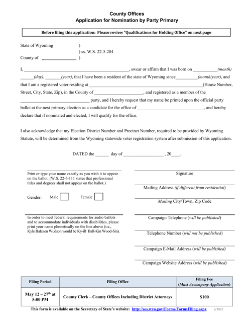 Application for Nomination by Party Primary - County Offices - Wyoming Download Pdf