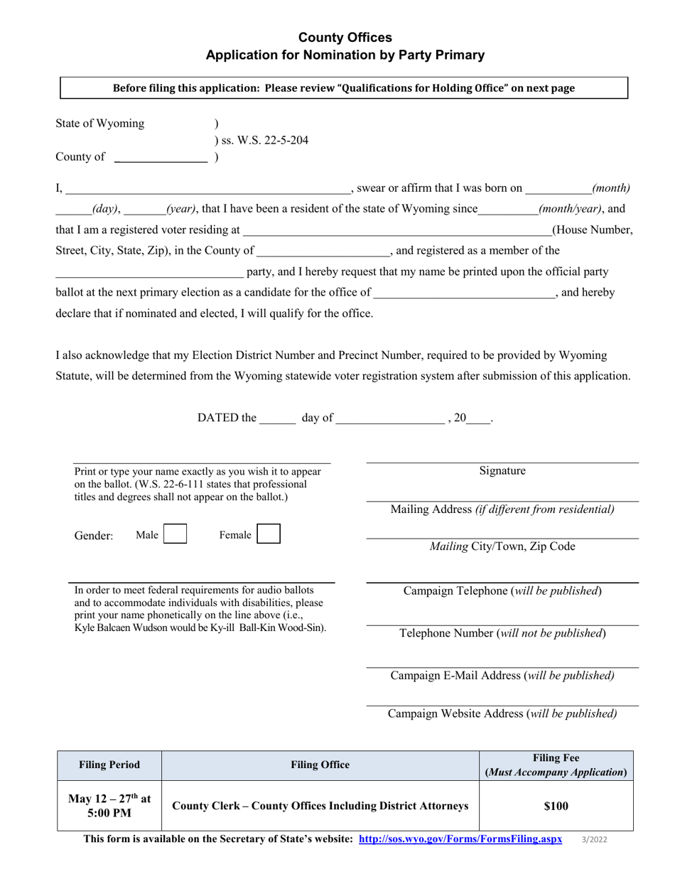 Application for Nomination by Party Primary - County Offices - Wyoming, Page 1