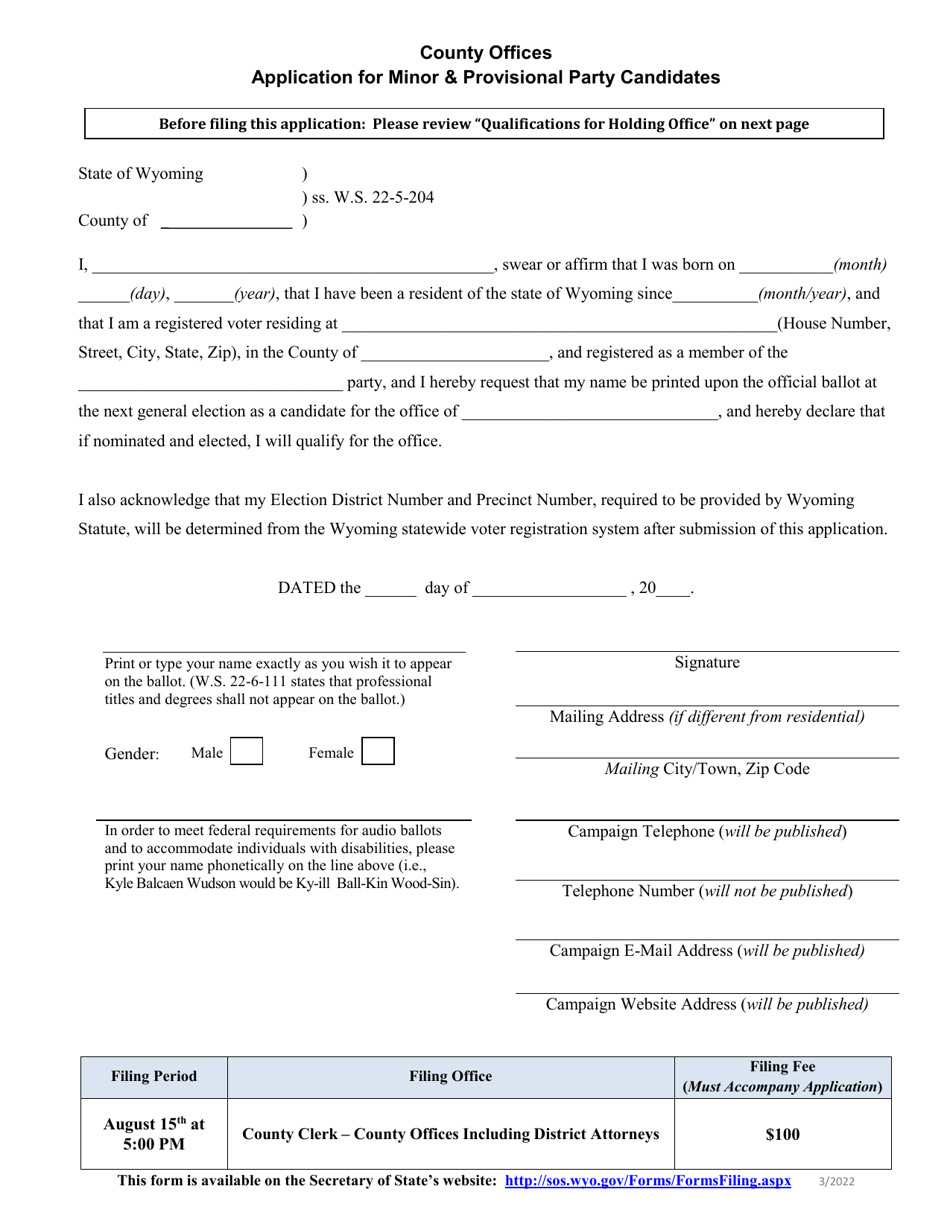 Application for Minor  Provisional Party Candidates - County Offices - Wyoming, Page 1