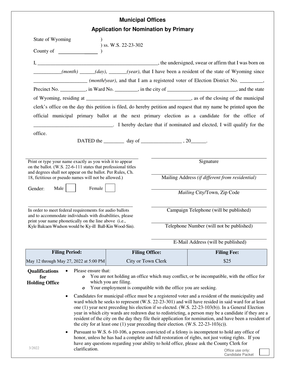 Application for Nomination by Primary - Municipal Offices - Wyoming, Page 1