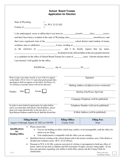 Application for Election - School Board Trustee - Wyoming Download Pdf