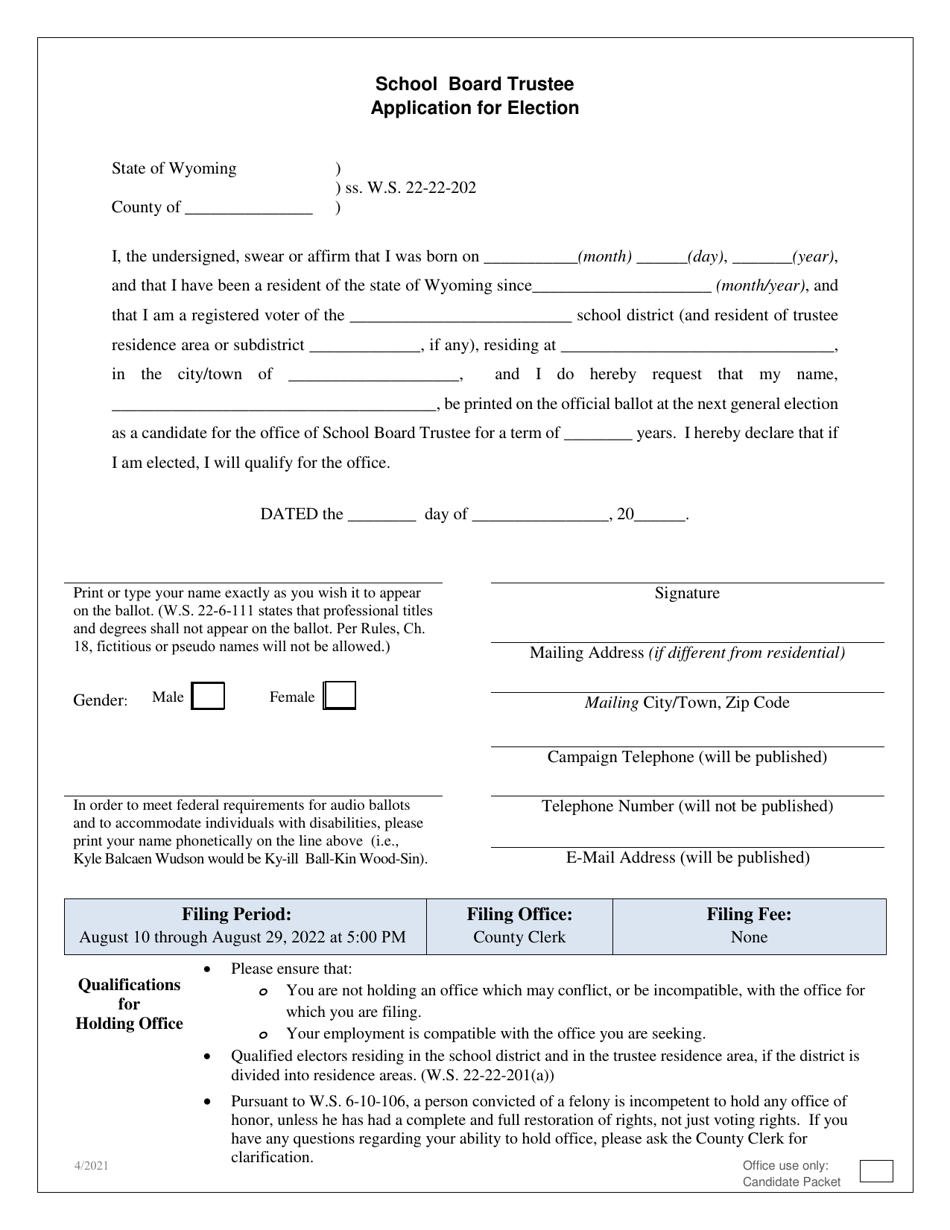 Application for Election - School Board Trustee - Wyoming, Page 1